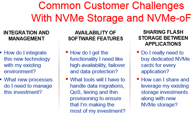 Common Customer challenges with NVMe and NVMe-oF; integration, availability and sharing flash